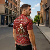 Albania Christmas Zipper Polo Shirt with Red Geometric Design, Golden Double-Headed Eagle, and Santa Motif - Wonder Print Shop
