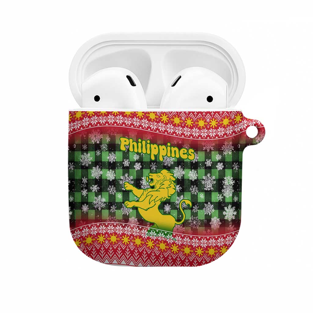 Philippines Christmas AirPods Case with Red-Green Plaid Design, Yellow Lion, and National Coat of Arms Motif - Wonder Print Shop