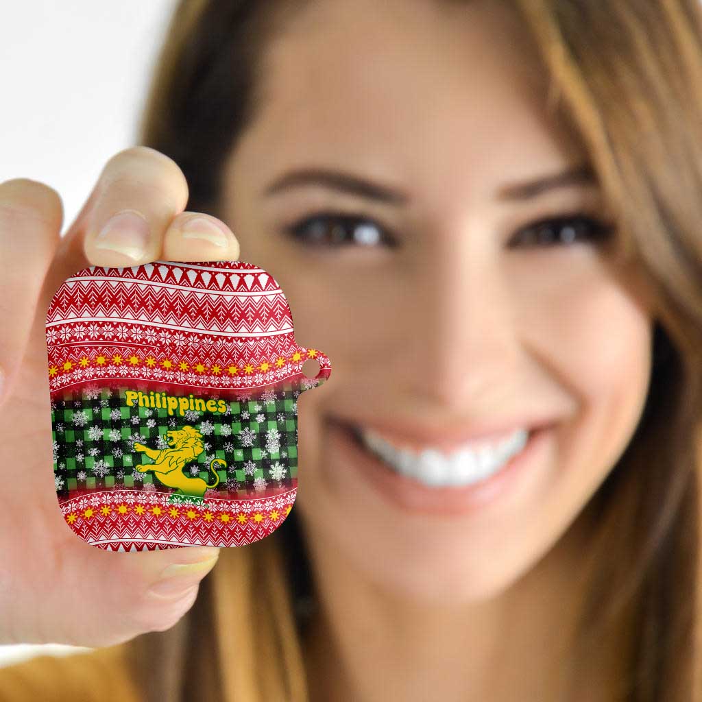 Philippines Christmas AirPods Case with Red-Green Plaid Design, Yellow Lion, and National Coat of Arms Motif - Wonder Print Shop