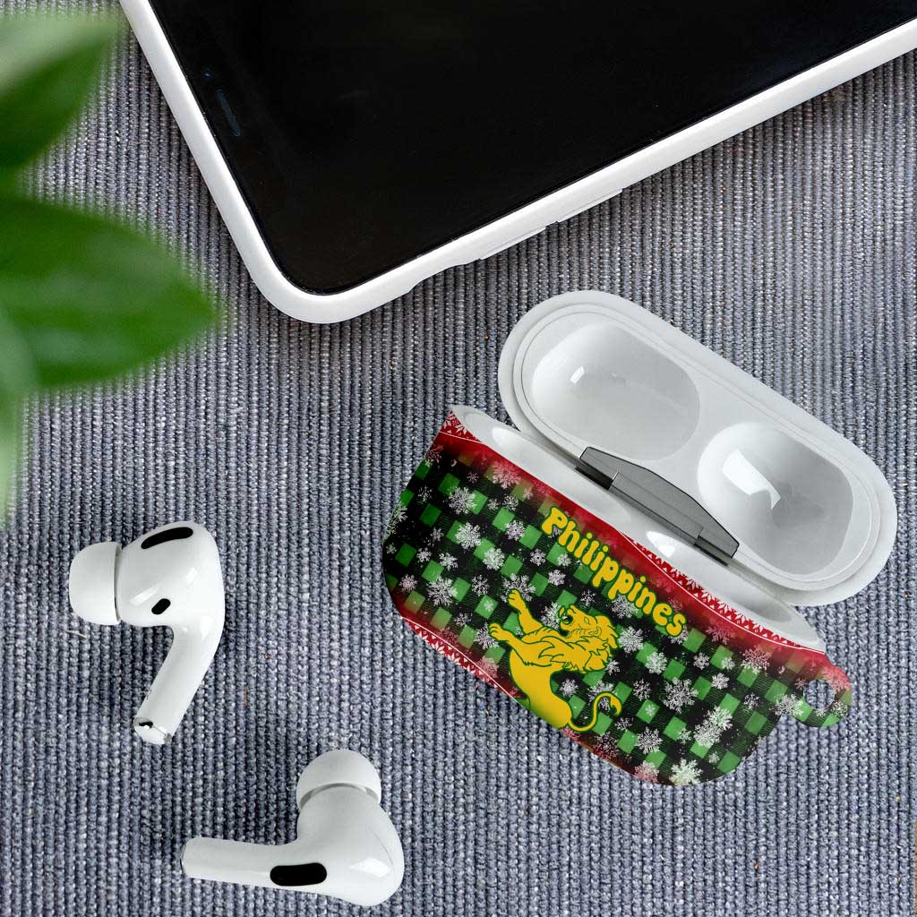 Philippines Christmas AirPods Case with Red-Green Plaid Design, Yellow Lion, and National Coat of Arms Motif - Wonder Print Shop
