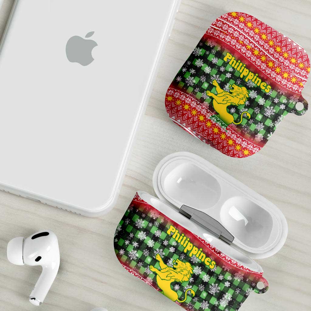 Philippines Christmas AirPods Case with Red-Green Plaid Design, Yellow Lion, and National Coat of Arms Motif - Wonder Print Shop