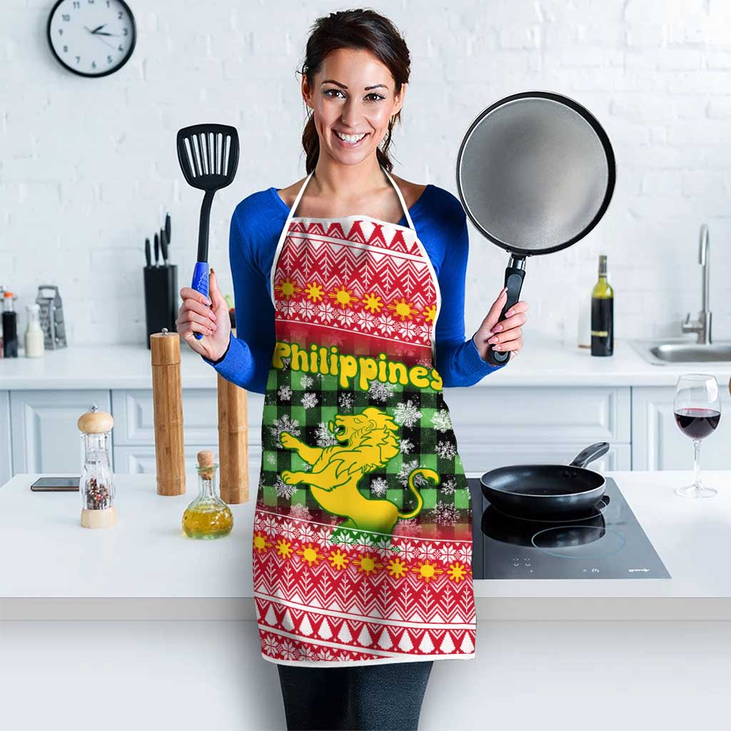 Philippines Christmas Apron with Red-Green Plaid Design, Yellow Lion, and National Coat of Arms Motif - Wonder Print Shop