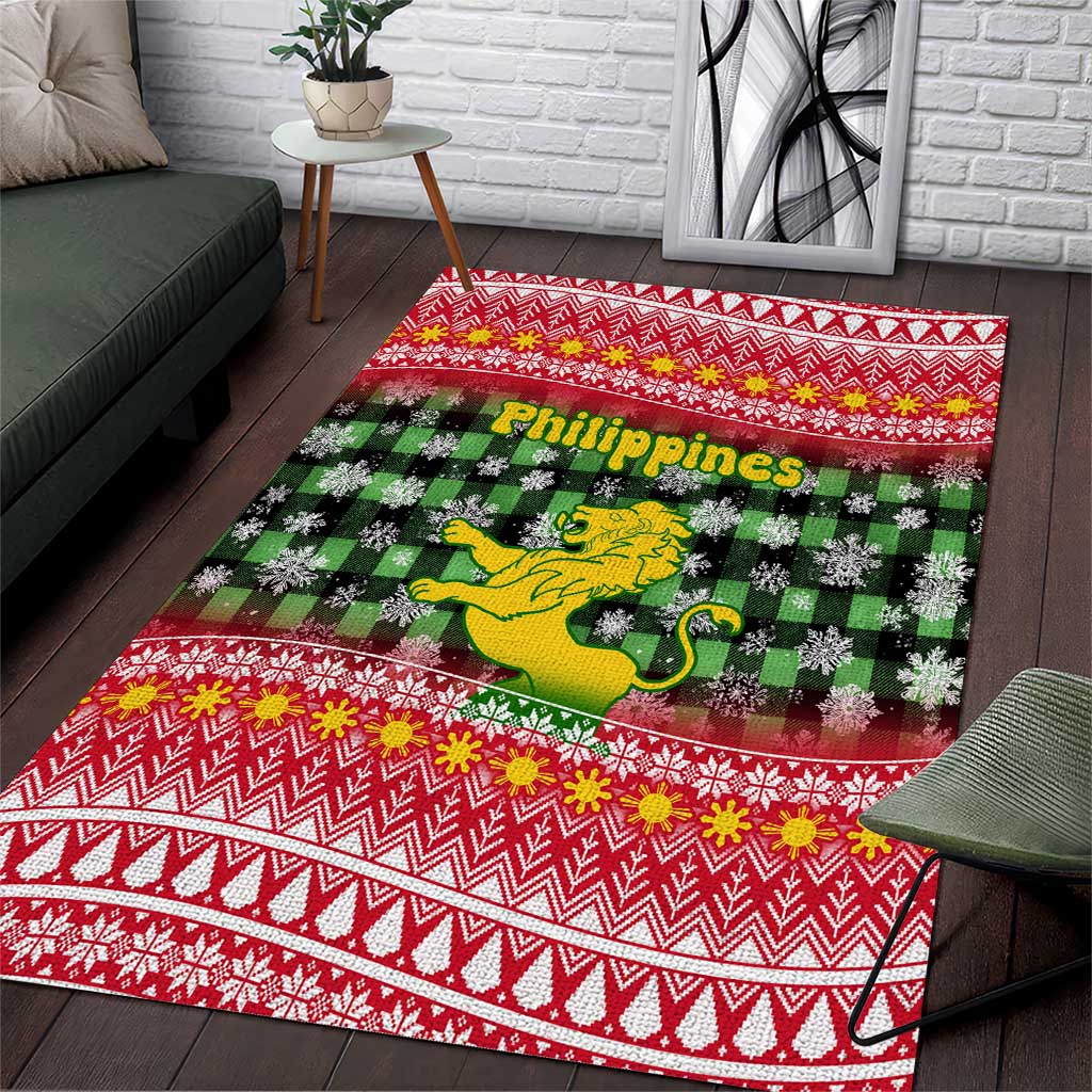 Philippines Christmas Area Rug with Red-Green Plaid Design, Yellow Lion, and National Coat of Arms Motif - Wonder Print Shop