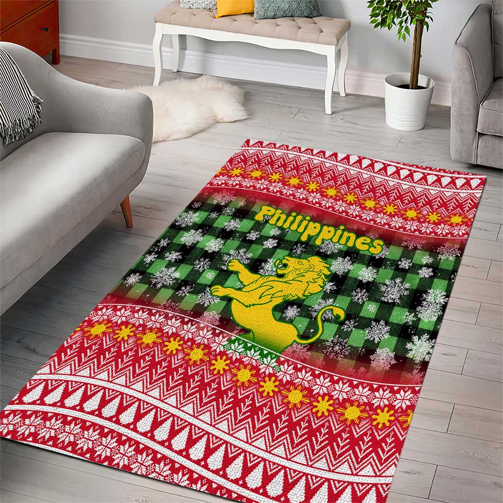 Philippines Christmas Area Rug with Red-Green Plaid Design, Yellow Lion, and National Coat of Arms Motif - Wonder Print Shop