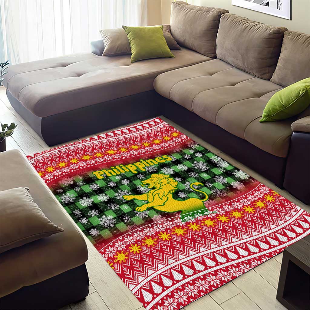 Philippines Christmas Area Rug with Red-Green Plaid Design, Yellow Lion, and National Coat of Arms Motif - Wonder Print Shop