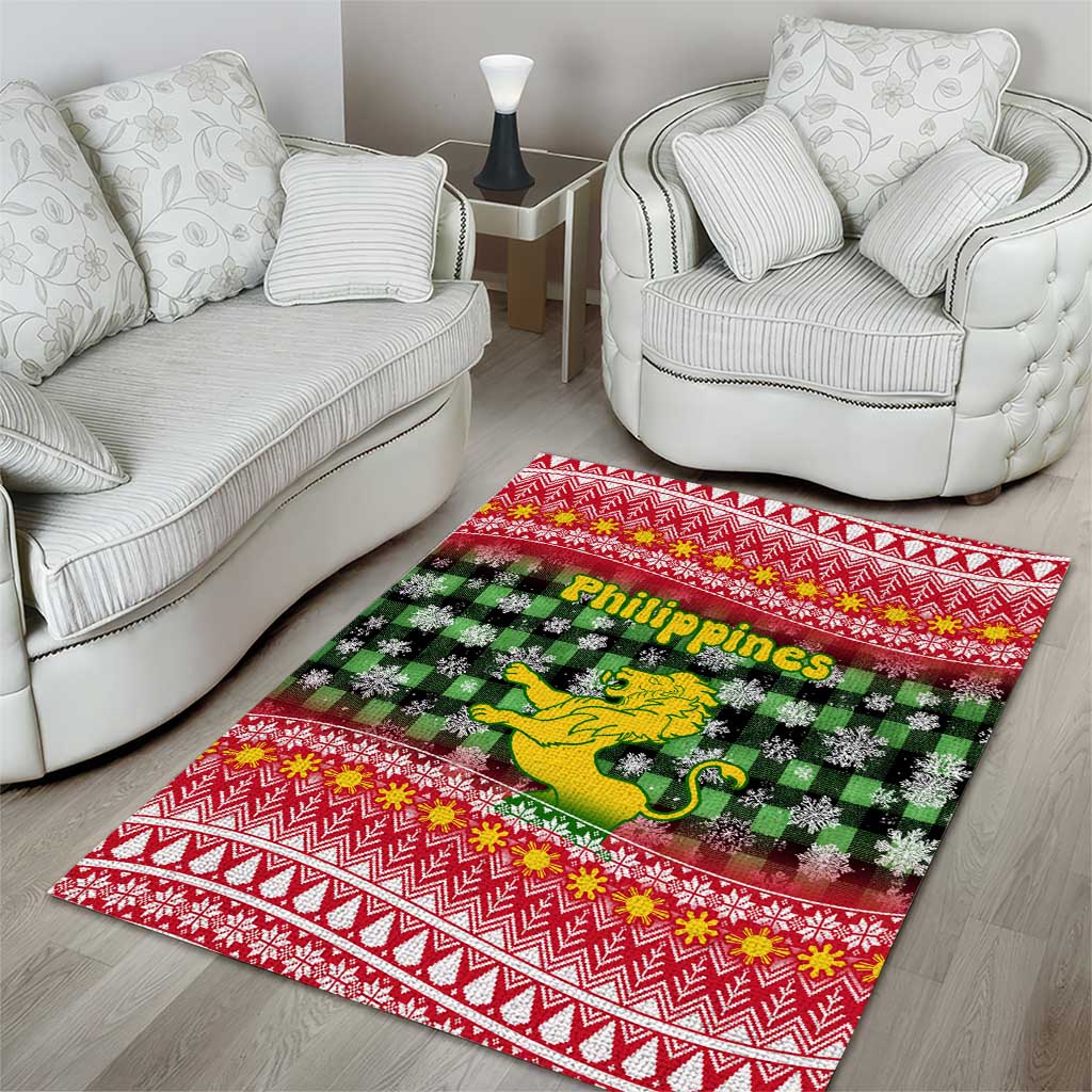 Philippines Christmas Area Rug with Red-Green Plaid Design, Yellow Lion, and National Coat of Arms Motif - Wonder Print Shop