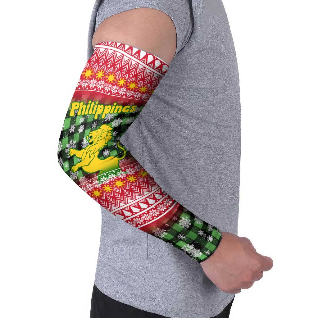 Philippines Christmas Arm Sleeves with Red-Green Plaid Design, Yellow Lion, and National Coat of Arms Motif - Wonder Print Shop