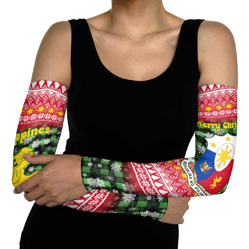 Philippines Christmas Arm Sleeves with Red-Green Plaid Design, Yellow Lion, and National Coat of Arms Motif - Wonder Print Shop