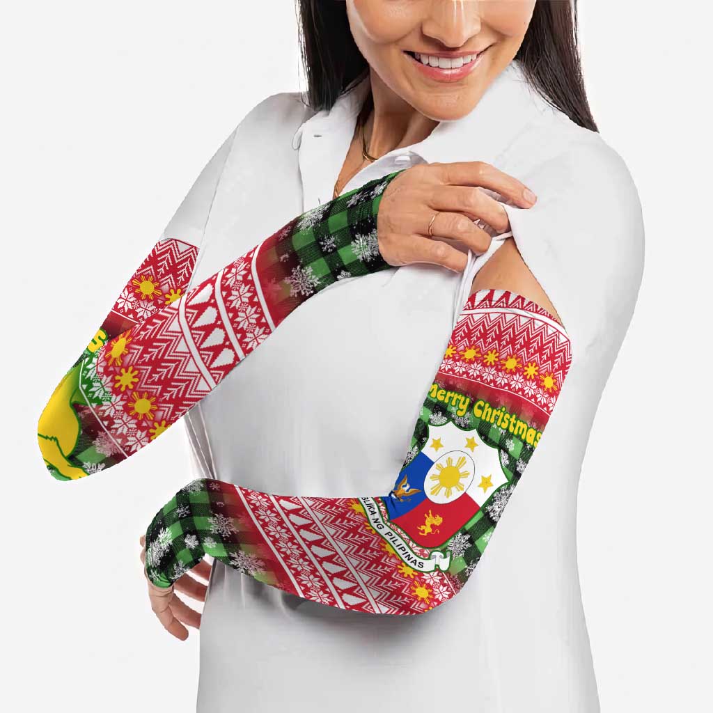 Philippines Christmas Arm Sleeves with Red-Green Plaid Design, Yellow Lion, and National Coat of Arms Motif - Wonder Print Shop