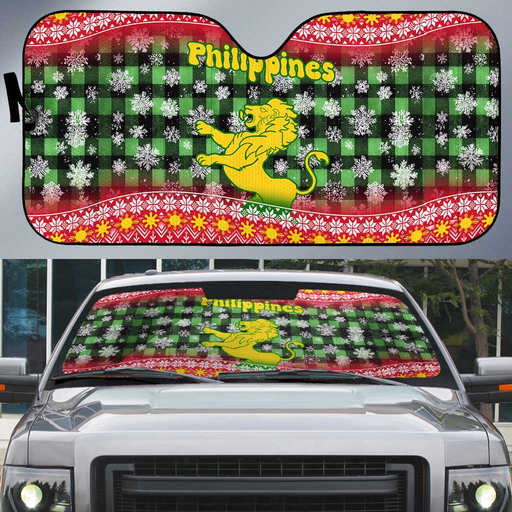 Philippines Christmas Auto Sun Shade with Red-Green Plaid Design, Yellow Lion, and National Coat of Arms Motif - Wonder Print Shop