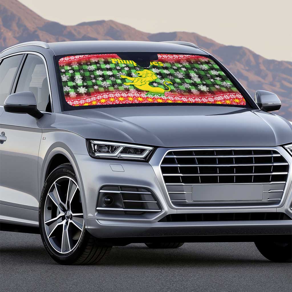 Philippines Christmas Auto Sun Shade with Red-Green Plaid Design, Yellow Lion, and National Coat of Arms Motif - Wonder Print Shop