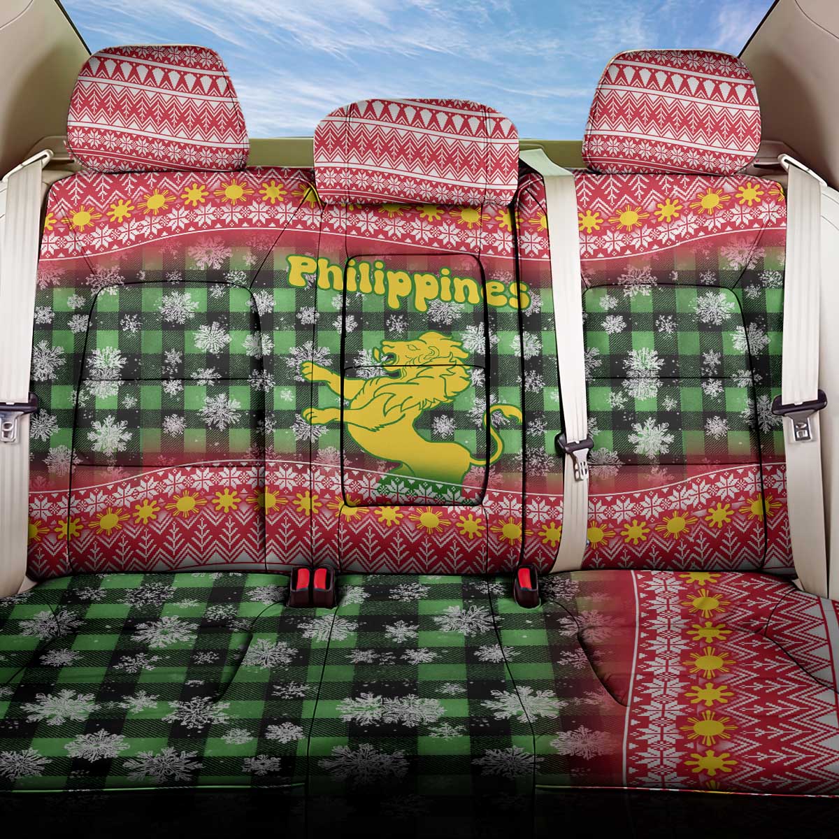 Philippines Christmas Back Car Seat Cover with Red-Green Plaid Design, Yellow Lion, and National Coat of Arms Motif - Wonder Print Shop