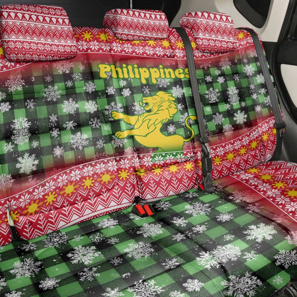 Philippines Christmas Back Car Seat Cover with Red-Green Plaid Design, Yellow Lion, and National Coat of Arms Motif - Wonder Print Shop