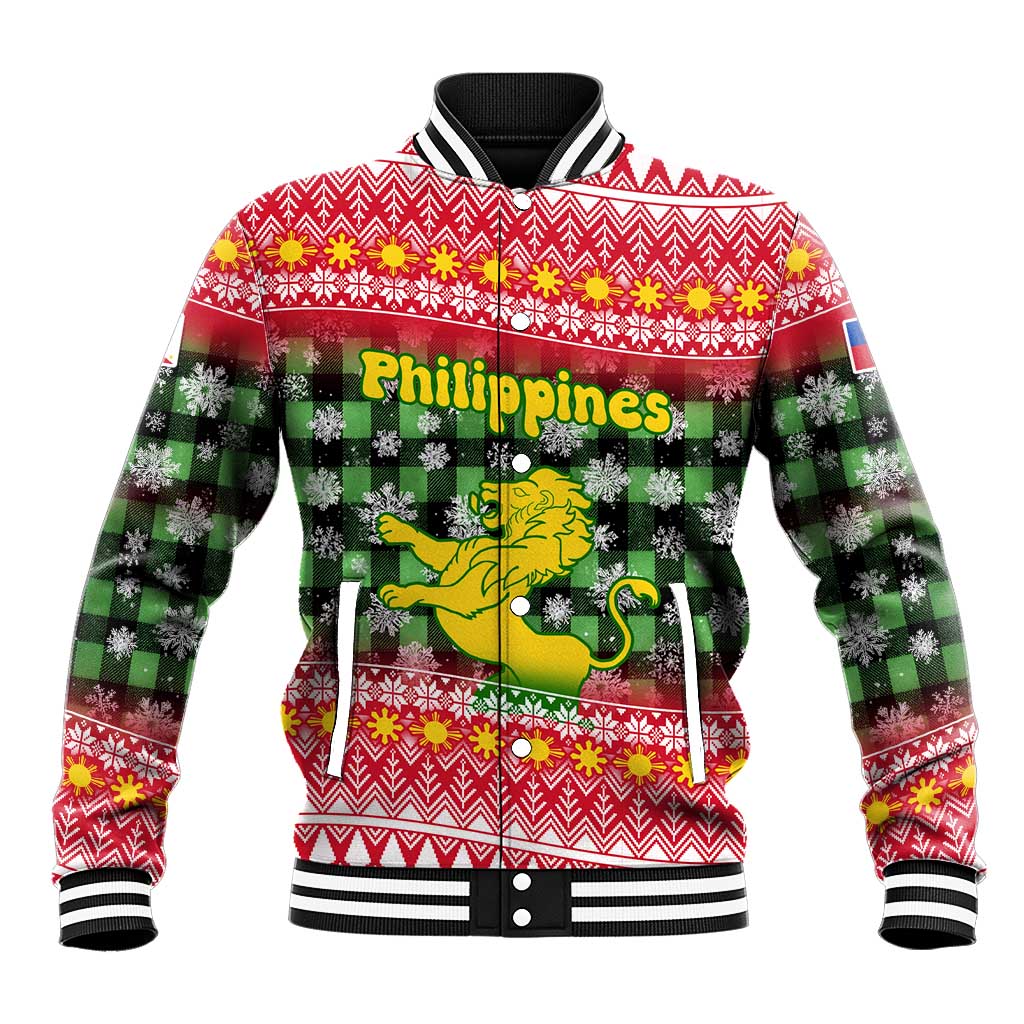 Philippines Christmas Baseball Jacket with Red-Green Plaid Design, Yellow Lion, and National Coat of Arms Motif - Wonder Print Shop