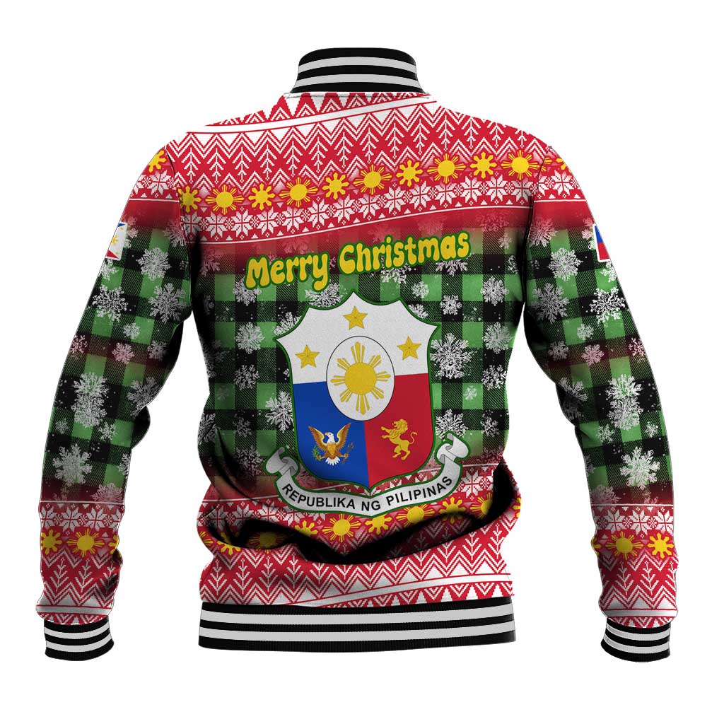 Philippines Christmas Baseball Jacket with Red-Green Plaid Design, Yellow Lion, and National Coat of Arms Motif - Wonder Print Shop