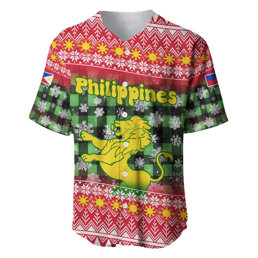 Philippines Christmas Baseball Jersey with Red-Green Plaid Design, Yellow Lion, and National Coat of Arms Motif - Wonder Print Shop