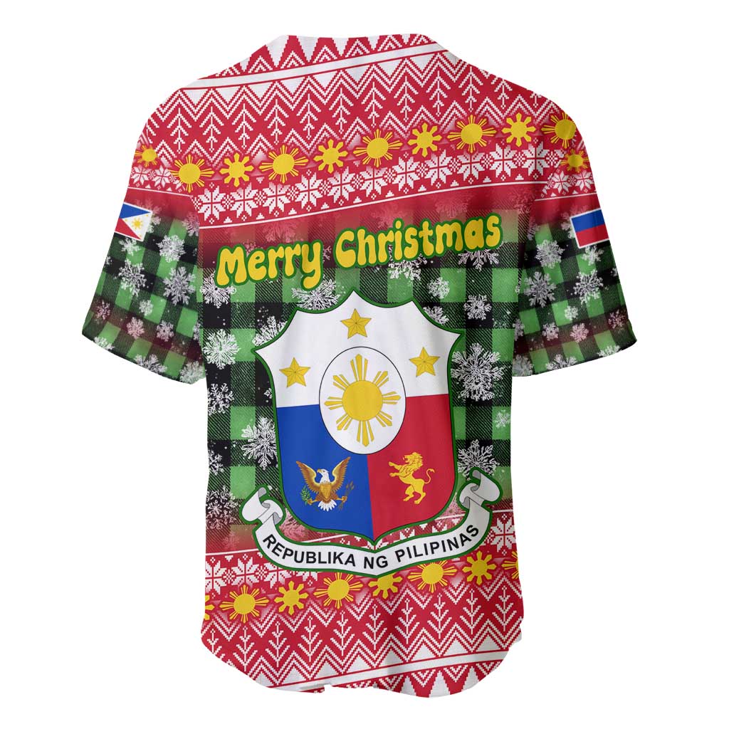Philippines Christmas Baseball Jersey with Red-Green Plaid Design, Yellow Lion, and National Coat of Arms Motif - Wonder Print Shop
