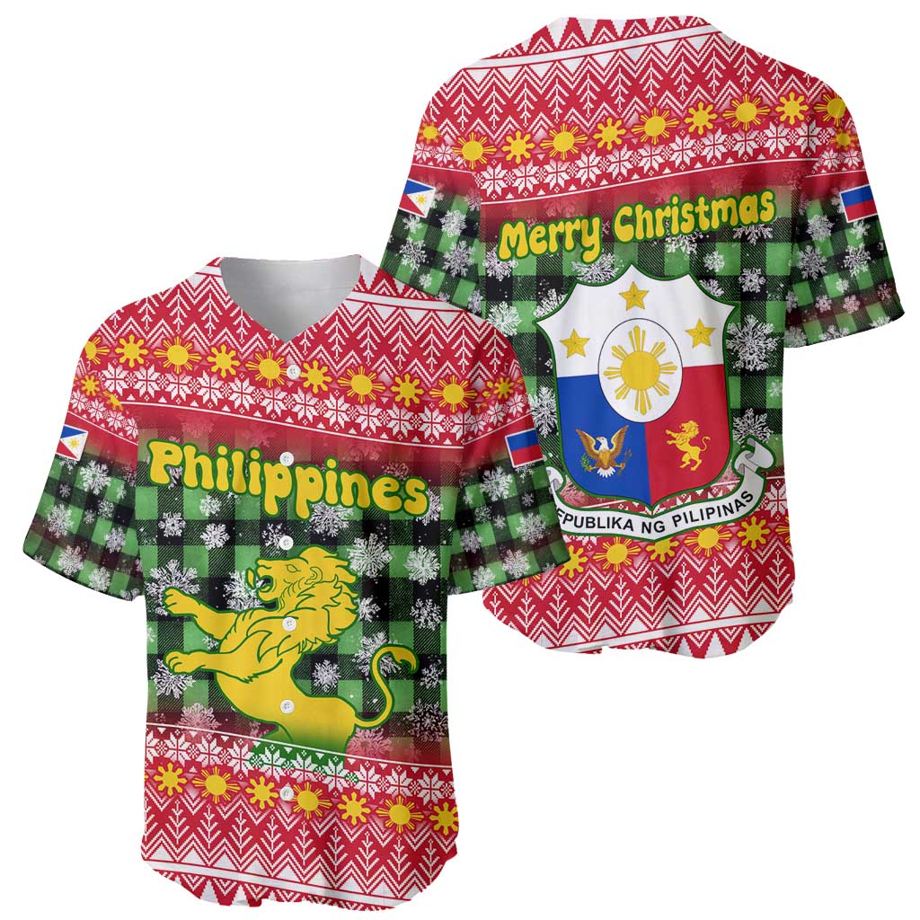 Philippines Christmas Baseball Jersey with Red-Green Plaid Design, Yellow Lion, and National Coat of Arms Motif - Wonder Print Shop