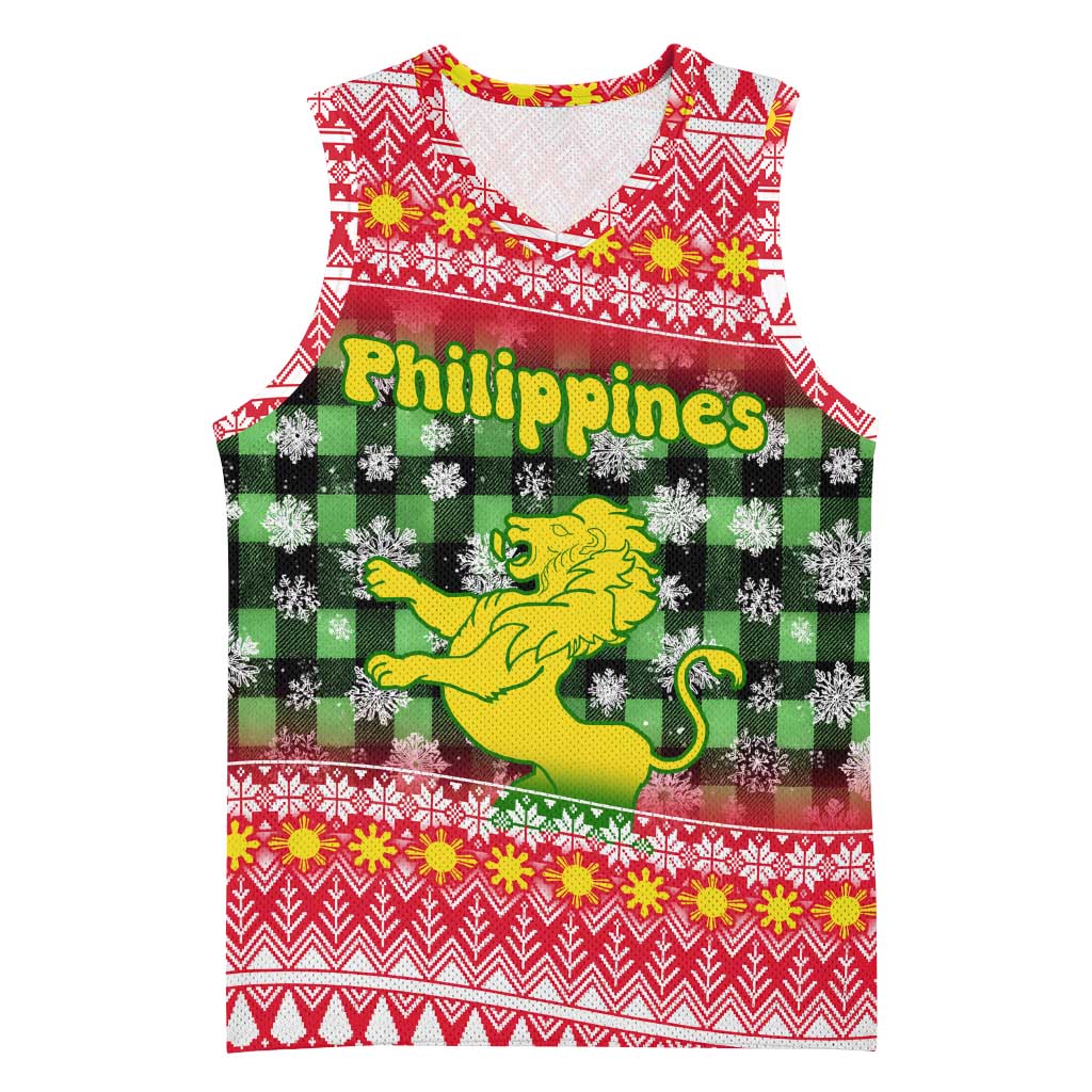 Philippines Christmas Basketball Jersey with Red-Green Plaid Design, Yellow Lion, and National Coat of Arms Motif - Wonder Print Shop