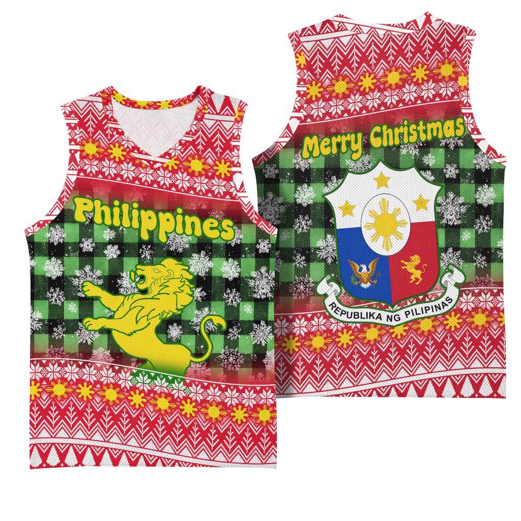 Philippines Christmas Basketball Jersey with Red-Green Plaid Design, Yellow Lion, and National Coat of Arms Motif - Wonder Print Shop