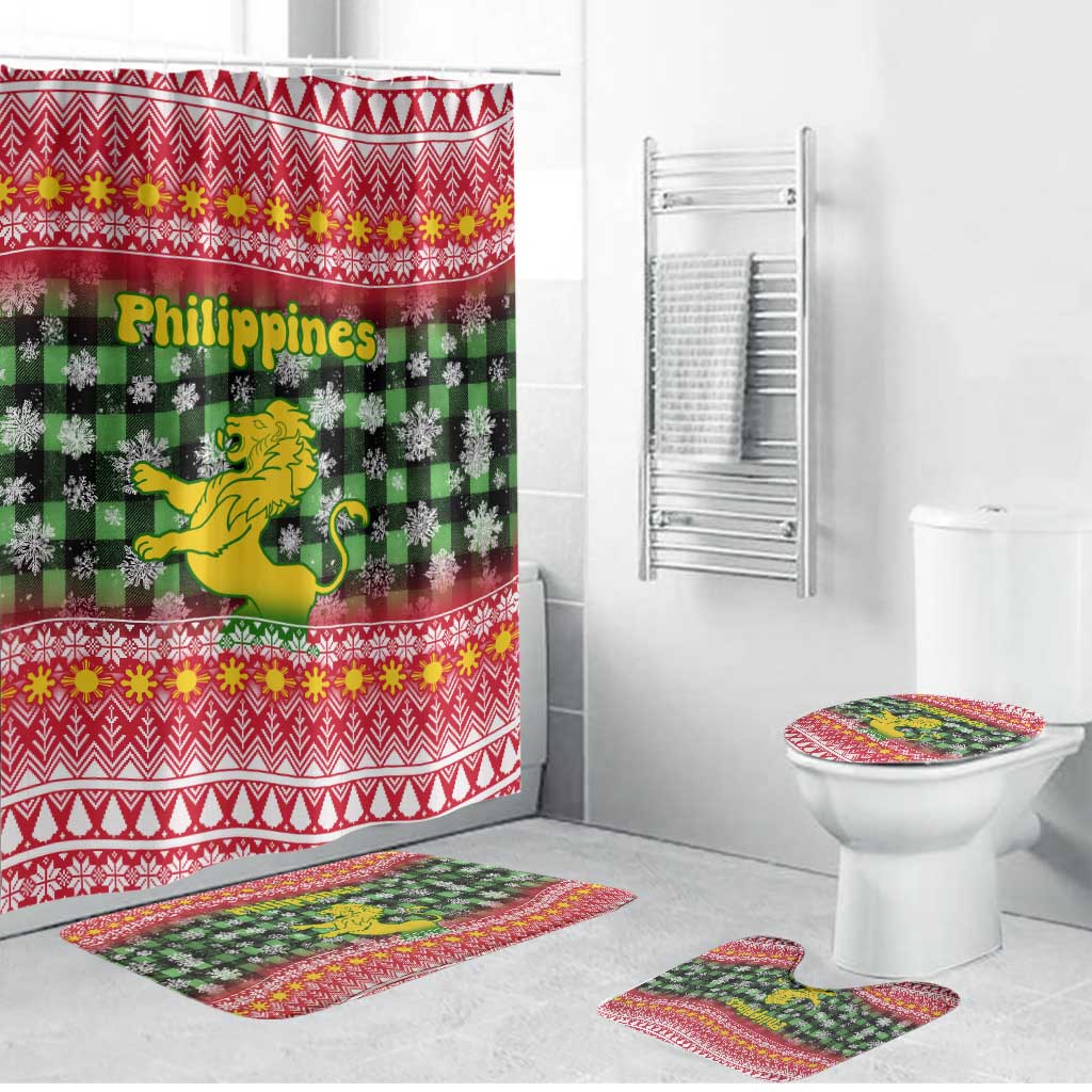 Philippines Christmas Bathroom Set with Red-Green Plaid Design, Yellow Lion, and National Coat of Arms Motif - Wonder Print Shop