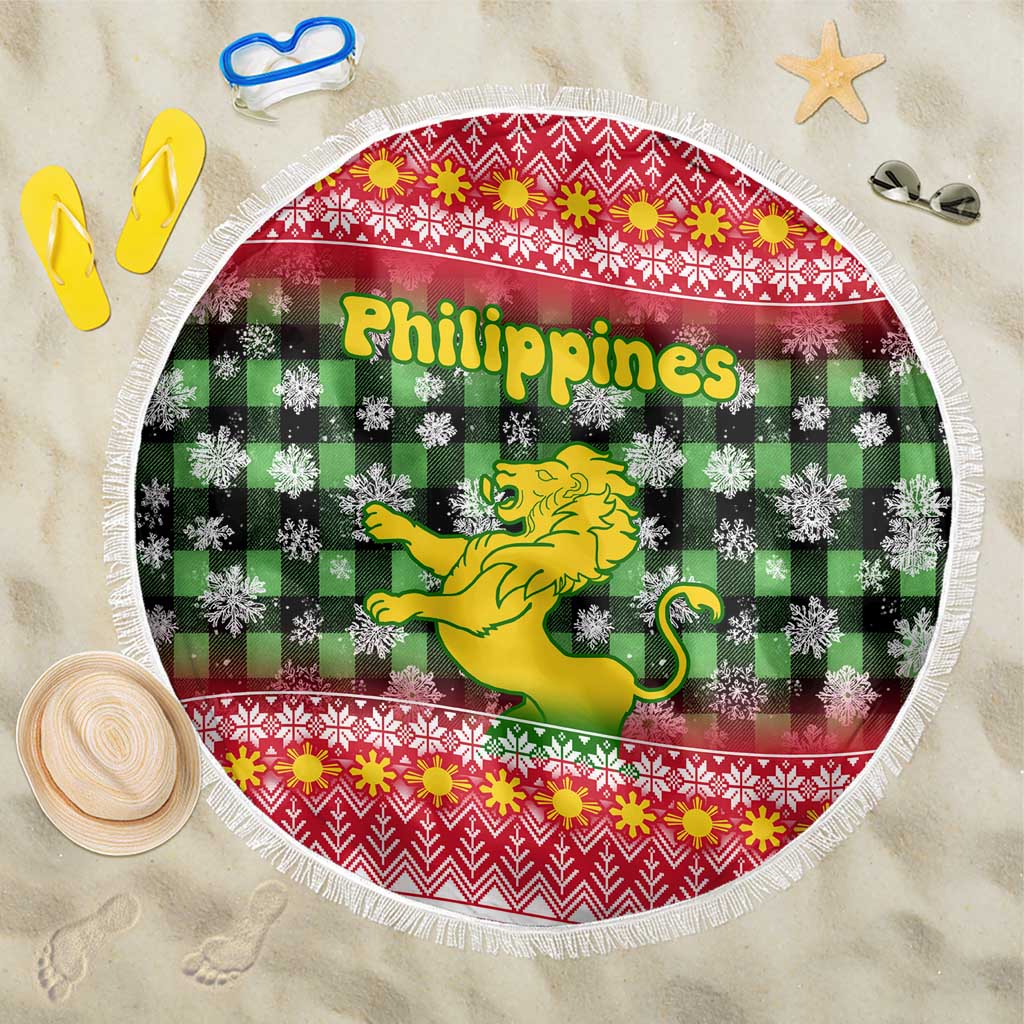 Philippines Christmas Beach Blanket with Red-Green Plaid Design, Yellow Lion, and National Coat of Arms Motif - Wonder Print Shop