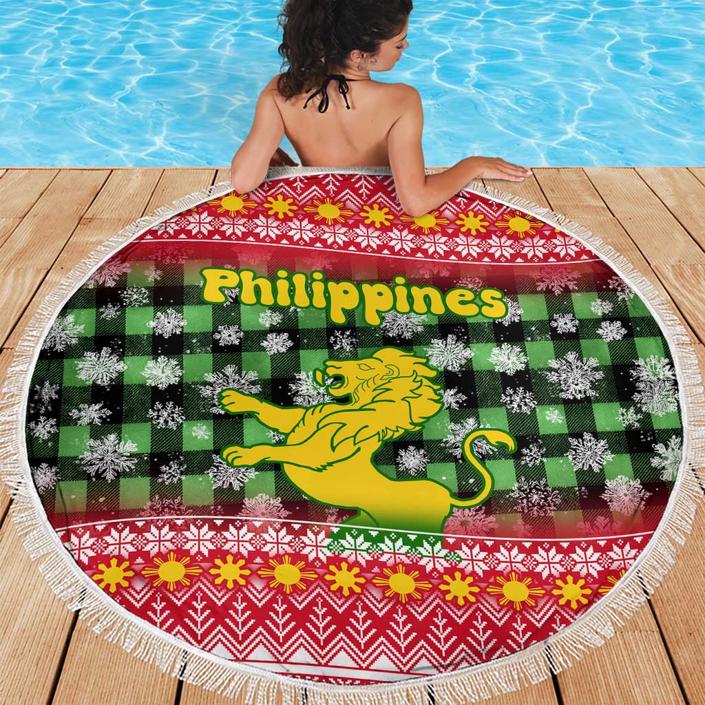 Philippines Christmas Beach Blanket with Red-Green Plaid Design, Yellow Lion, and National Coat of Arms Motif - Wonder Print Shop