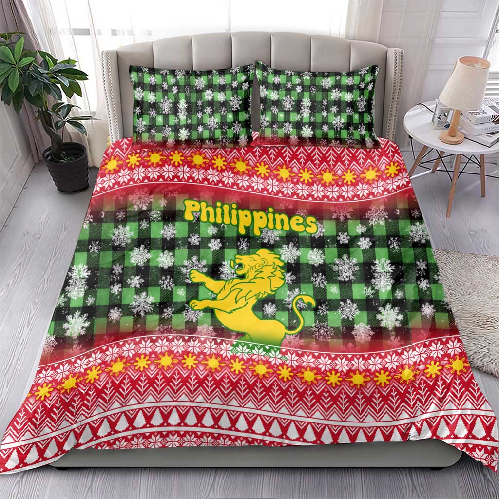 Philippines Christmas Bedding Set with Red-Green Plaid Design, Yellow Lion, and National Coat of Arms Motif - Wonder Print Shop