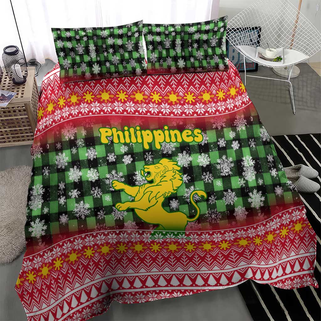 Philippines Christmas Bedding Set with Red-Green Plaid Design, Yellow Lion, and National Coat of Arms Motif - Wonder Print Shop