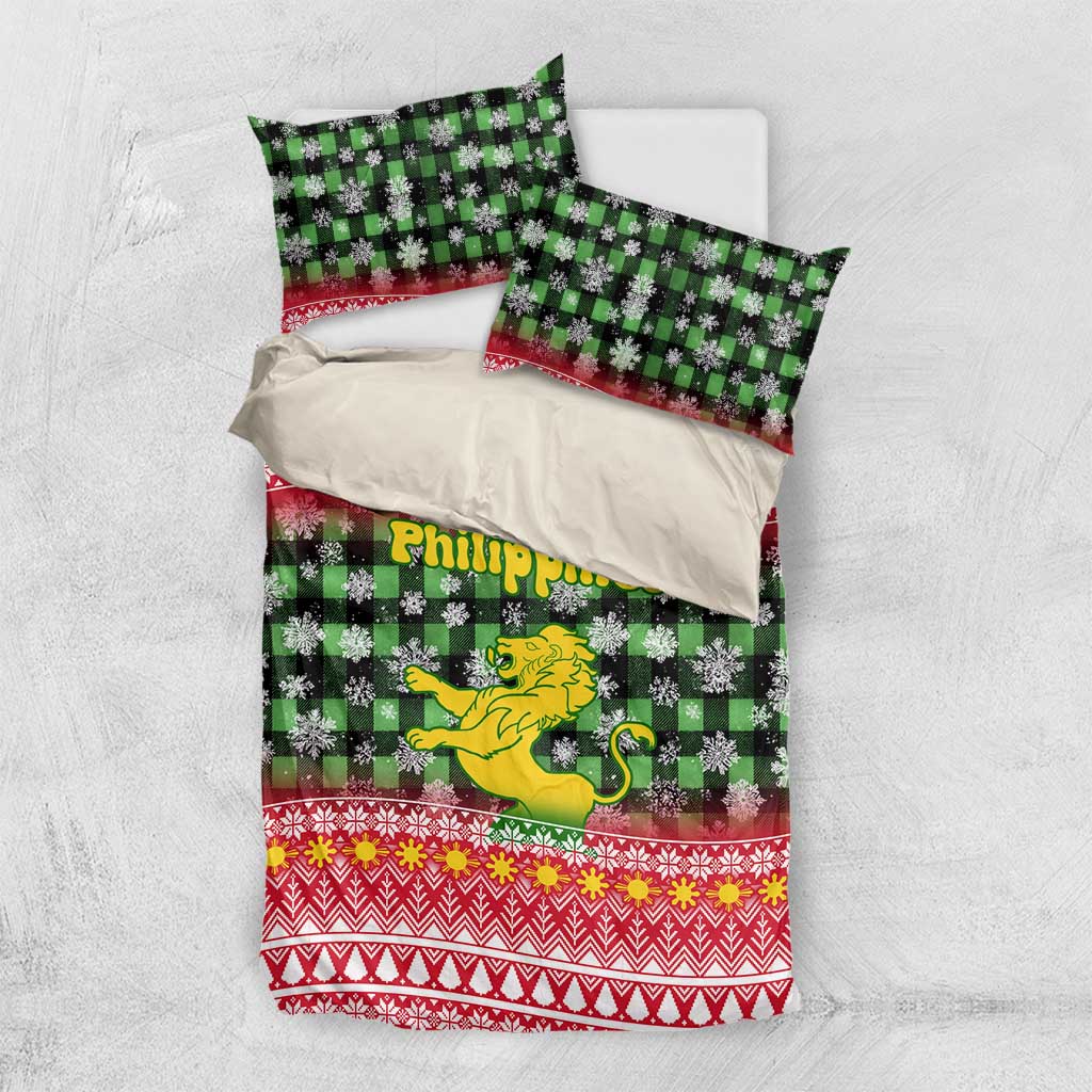 Philippines Christmas Bedding Set with Red-Green Plaid Design, Yellow Lion, and National Coat of Arms Motif - Wonder Print Shop