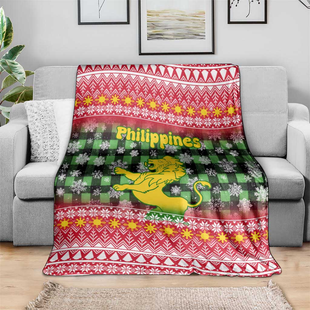 Philippines Christmas Blanket with Red-Green Plaid Design, Yellow Lion, and National Coat of Arms Motif - Wonder Print Shop
