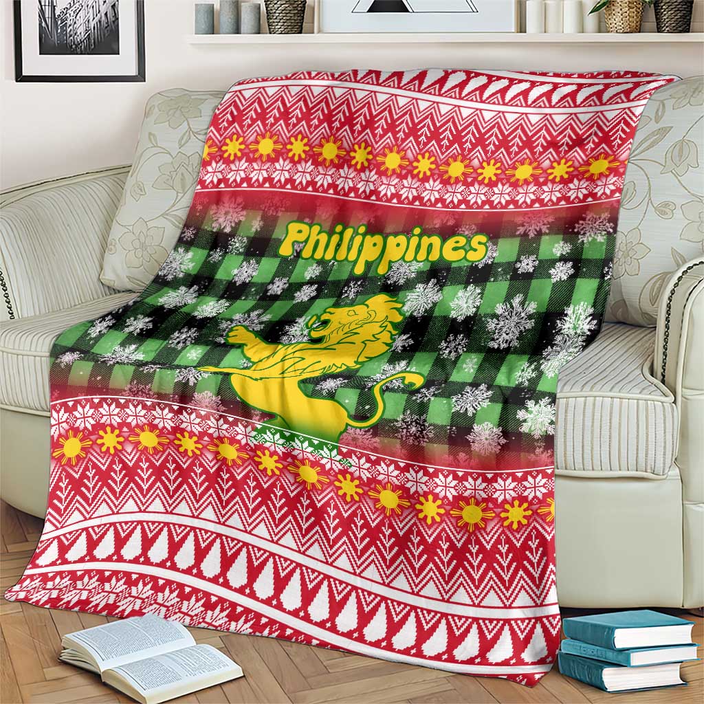 Philippines Christmas Blanket with Red-Green Plaid Design, Yellow Lion, and National Coat of Arms Motif - Wonder Print Shop