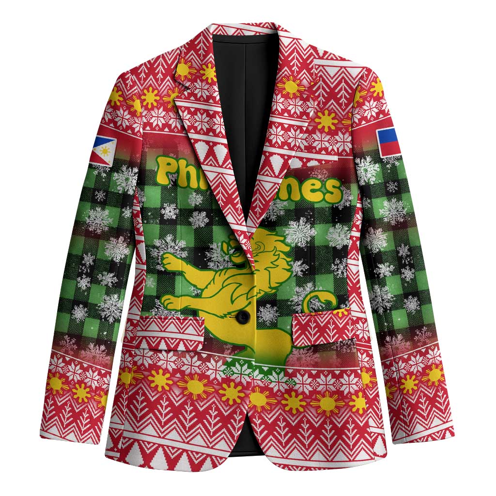 Philippines Christmas Blazer with Red-Green Plaid Design, Yellow Lion, and National Coat of Arms Motif - Wonder Print Shop