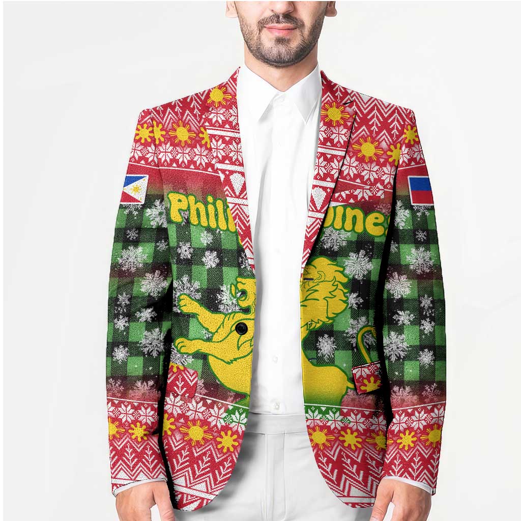 Philippines Christmas Blazer with Red-Green Plaid Design, Yellow Lion, and National Coat of Arms Motif - Wonder Print Shop
