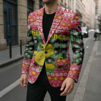 Philippines Christmas Blazer with Red-Green Plaid Design, Yellow Lion, and National Coat of Arms Motif - Wonder Print Shop
