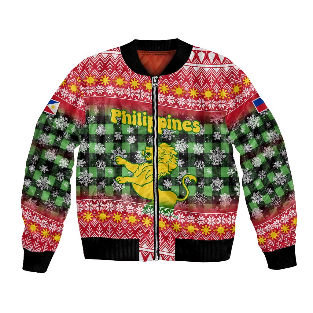 Philippines Christmas Bomber Jacket with Red-Green Plaid Design, Yellow Lion, and National Coat of Arms Motif - Wonder Print Shop