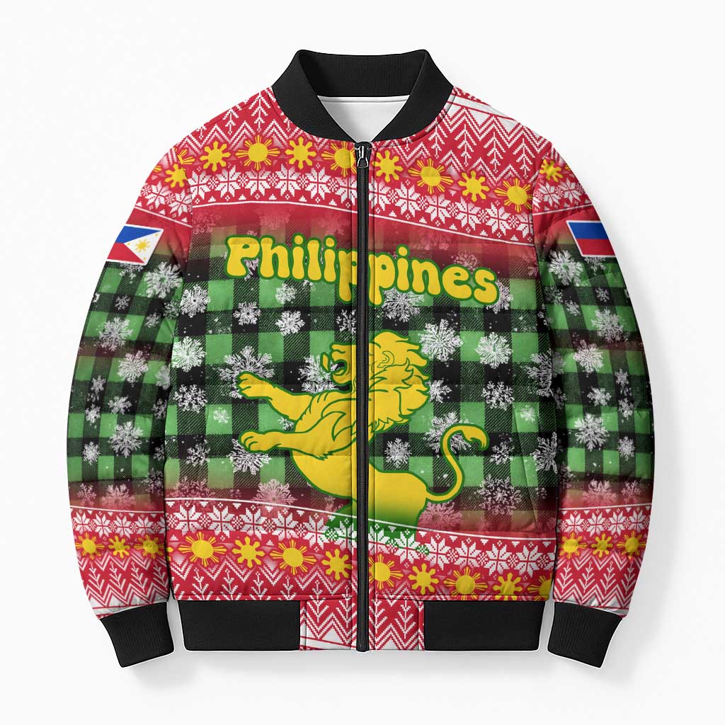 Philippines Christmas Bomber Puffer Jacket with Red-Green Plaid Design, Yellow Lion, and National Coat of Arms Motif - Wonder Print Shop
