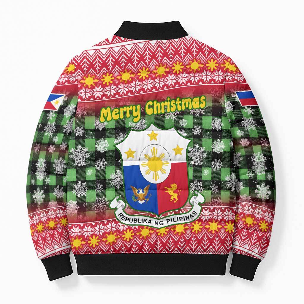 Philippines Christmas Bomber Puffer Jacket with Red-Green Plaid Design, Yellow Lion, and National Coat of Arms Motif - Wonder Print Shop