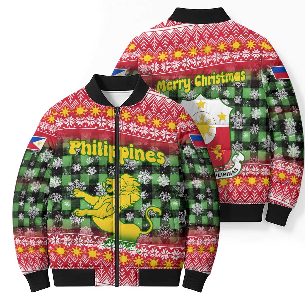 Philippines Christmas Bomber Puffer Jacket with Red-Green Plaid Design, Yellow Lion, and National Coat of Arms Motif - Wonder Print Shop