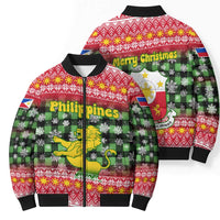 Philippines Christmas Bomber Puffer Jacket with Red-Green Plaid Design, Yellow Lion, and National Coat of Arms Motif - Wonder Print Shop