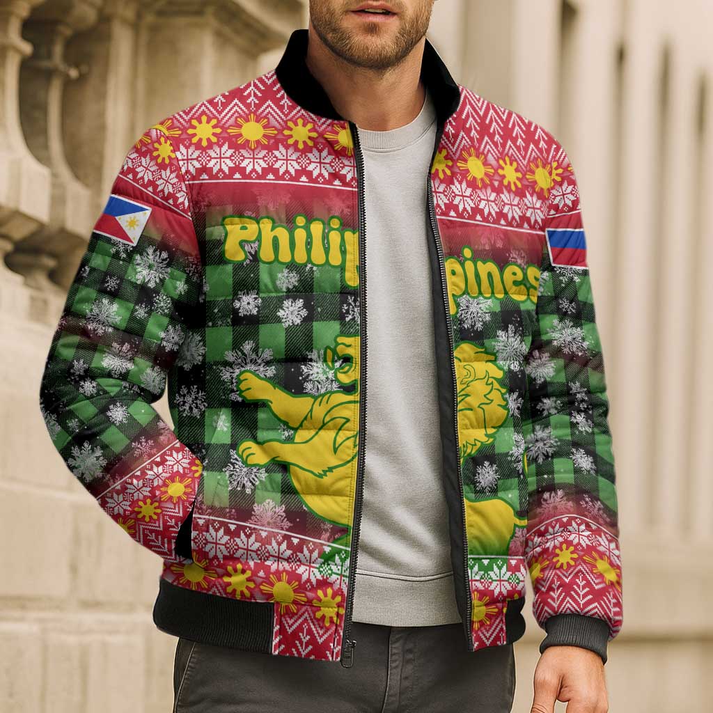 Philippines Christmas Bomber Puffer Jacket with Red-Green Plaid Design, Yellow Lion, and National Coat of Arms Motif - Wonder Print Shop