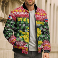 Philippines Christmas Bomber Puffer Jacket with Red-Green Plaid Design, Yellow Lion, and National Coat of Arms Motif - Wonder Print Shop