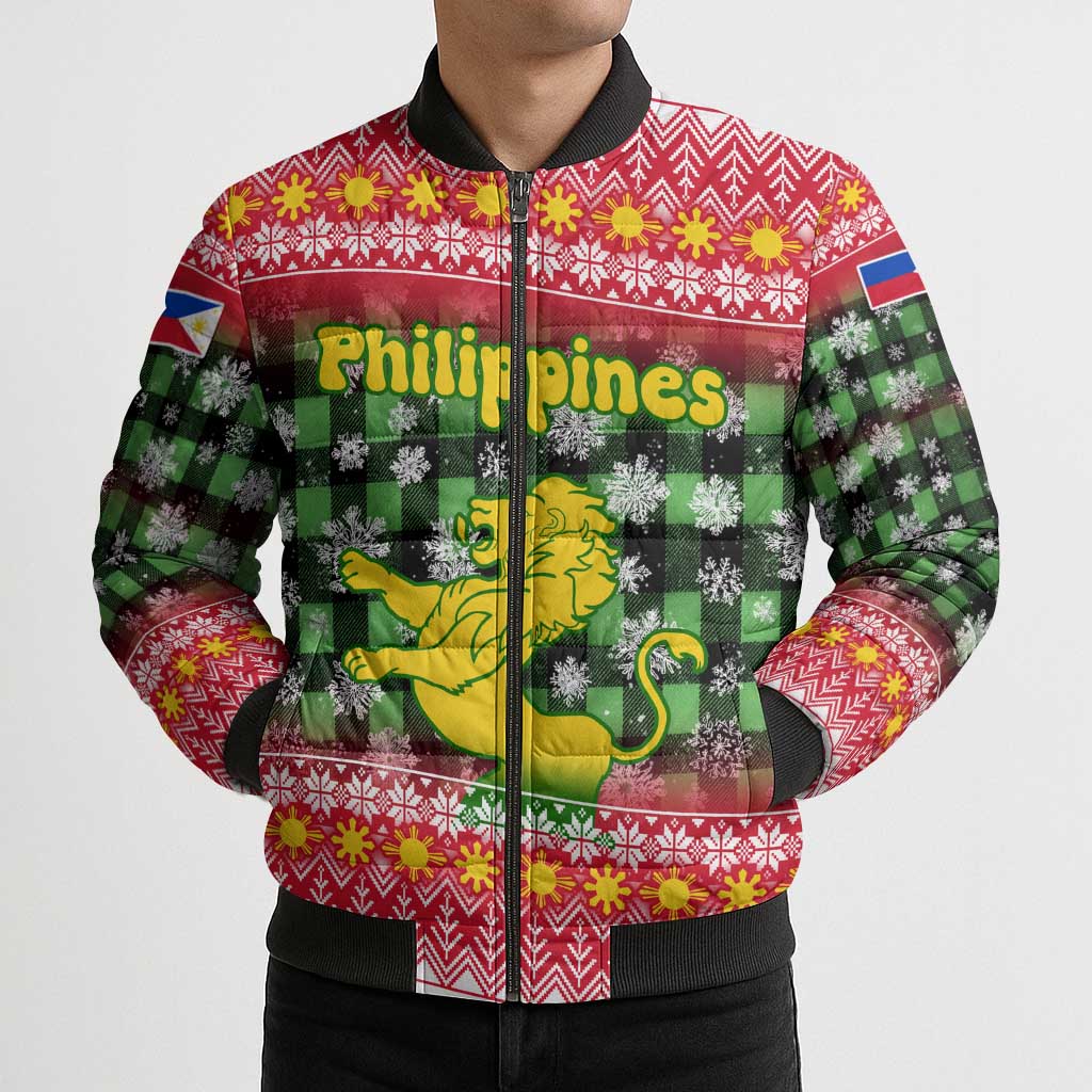 Philippines Christmas Bomber Puffer Jacket with Red-Green Plaid Design, Yellow Lion, and National Coat of Arms Motif - Wonder Print Shop