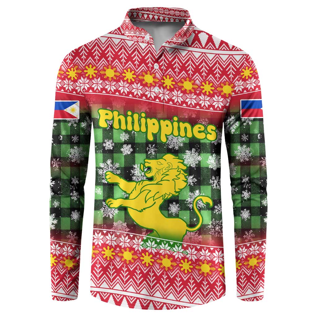 Philippines Christmas Button Sweatshirt with Red-Green Plaid Design, Yellow Lion, and National Coat of Arms Motif - Wonder Print Shop