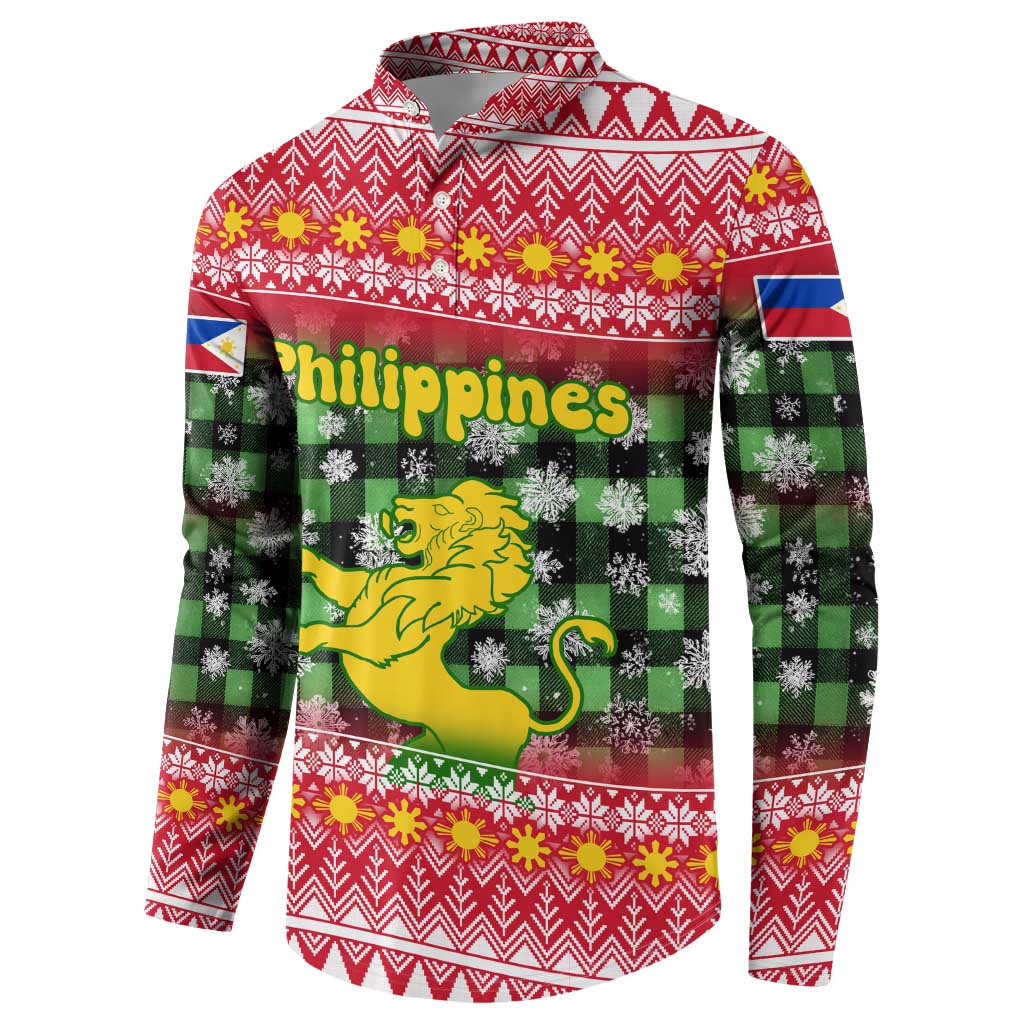 Philippines Christmas Button Sweatshirt with Red-Green Plaid Design, Yellow Lion, and National Coat of Arms Motif - Wonder Print Shop