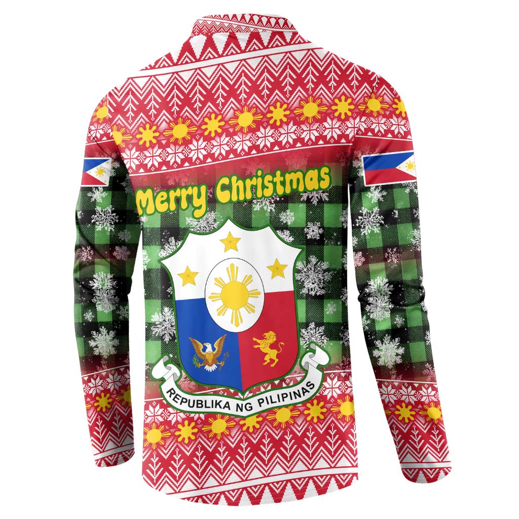 Philippines Christmas Button Sweatshirt with Red-Green Plaid Design, Yellow Lion, and National Coat of Arms Motif - Wonder Print Shop