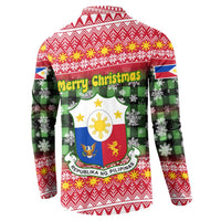 Philippines Christmas Button Sweatshirt with Red-Green Plaid Design, Yellow Lion, and National Coat of Arms Motif - Wonder Print Shop