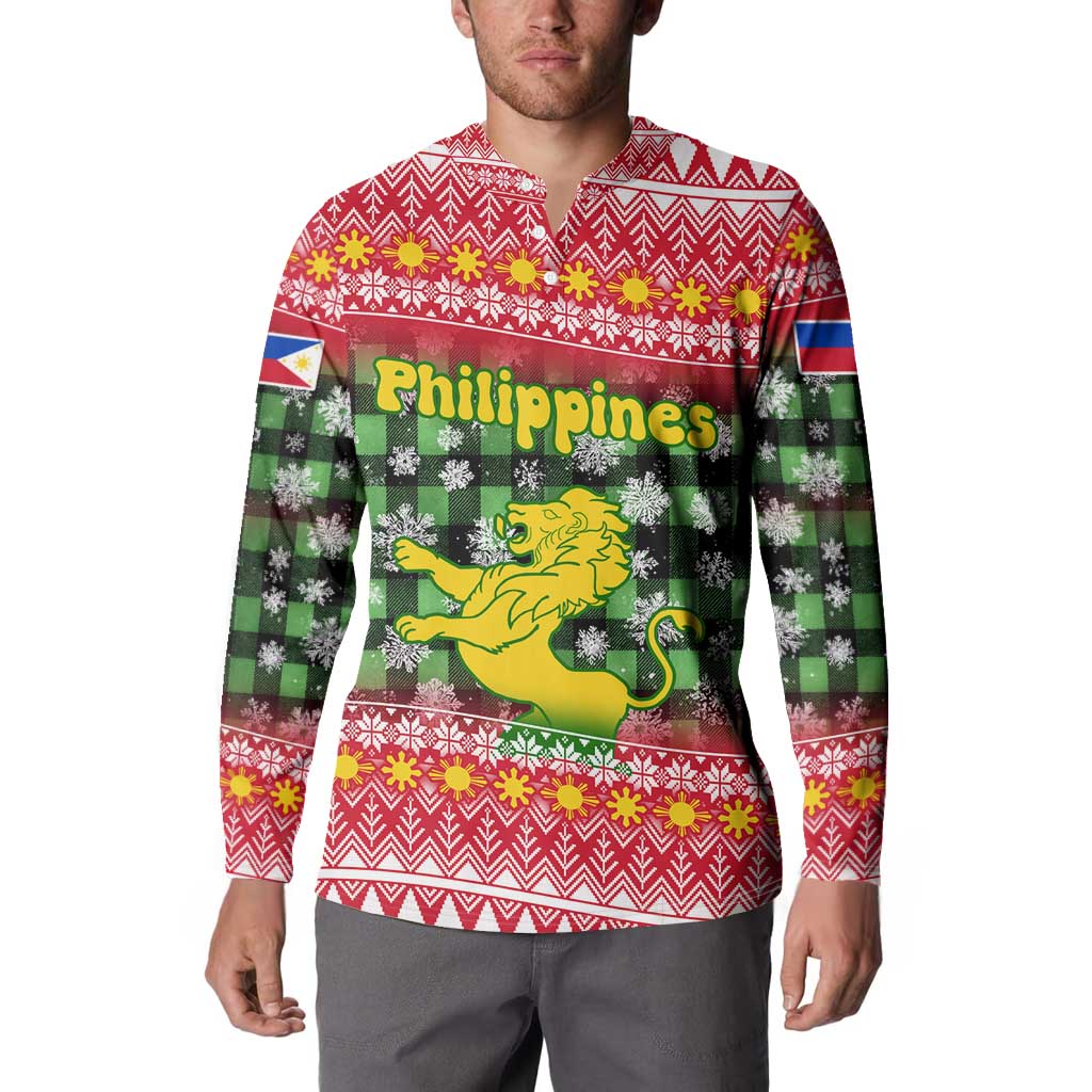 Philippines Christmas Button Sweatshirt with Red-Green Plaid Design, Yellow Lion, and National Coat of Arms Motif - Wonder Print Shop