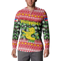 Philippines Christmas Button Sweatshirt with Red-Green Plaid Design, Yellow Lion, and National Coat of Arms Motif - Wonder Print Shop