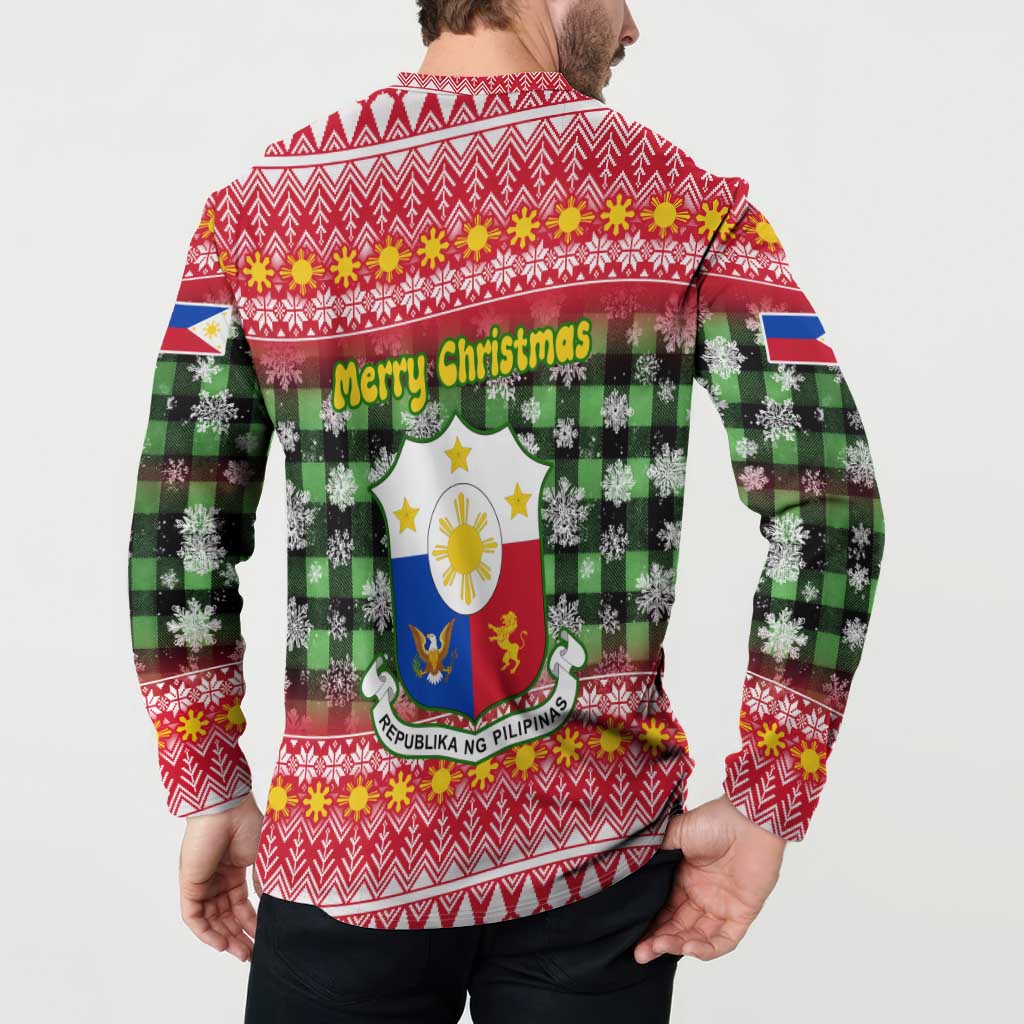 Philippines Christmas Button Sweatshirt with Red-Green Plaid Design, Yellow Lion, and National Coat of Arms Motif - Wonder Print Shop